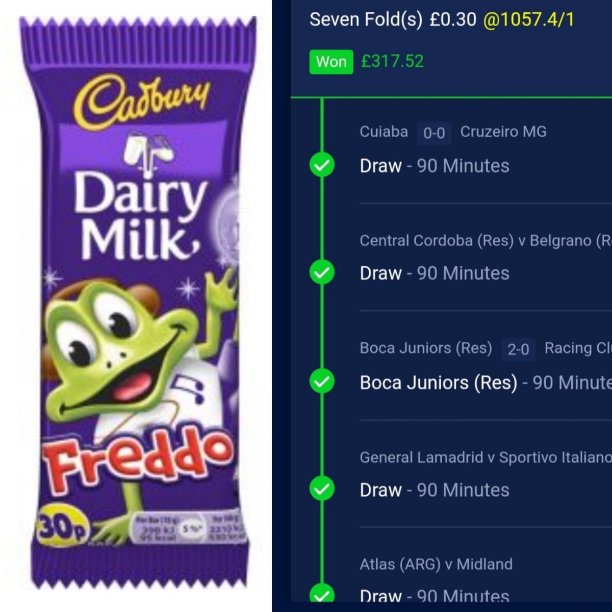 mickyboy1981's tweet image. Not bad off 30p
(price of a freddo bar 😂)

..... Argentina may have won the rugby 🏉 but they&apos;ve won me 💷💷💷 in ⚽👀👀

#cheapfootballbets #freddobar  #argentinareserveleague