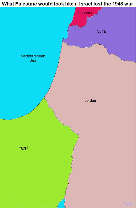 Wenn #Israel nicht existieren würde, wären die #Palästinenser im Jahr 1964 niemals erfunden worden und die entsprechende Landkarte würde ungefähr so aussehen.

Der Grund, weshalb man ab 1964 (Niederschrift der ersten PLO-Charta) gewöhnliche Araber plötzlich als Palästinenser