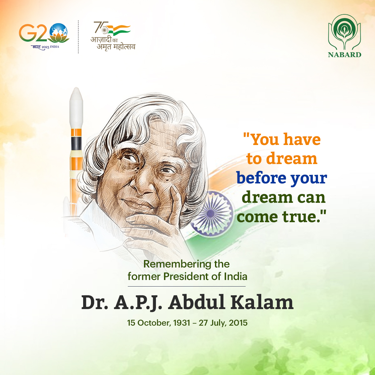 NABARDOnline's tweet photo. Tributes to the former President of India, Bharat Ratna Dr. APJ Abdul Kalam (15 October 1931–27 July 2015), on his birth anniversary today.

The nation is grateful for his vision, wisdom, and dedication. #APJAbdulKalam #MissileMan https://t.co/29EPUsYyGq
