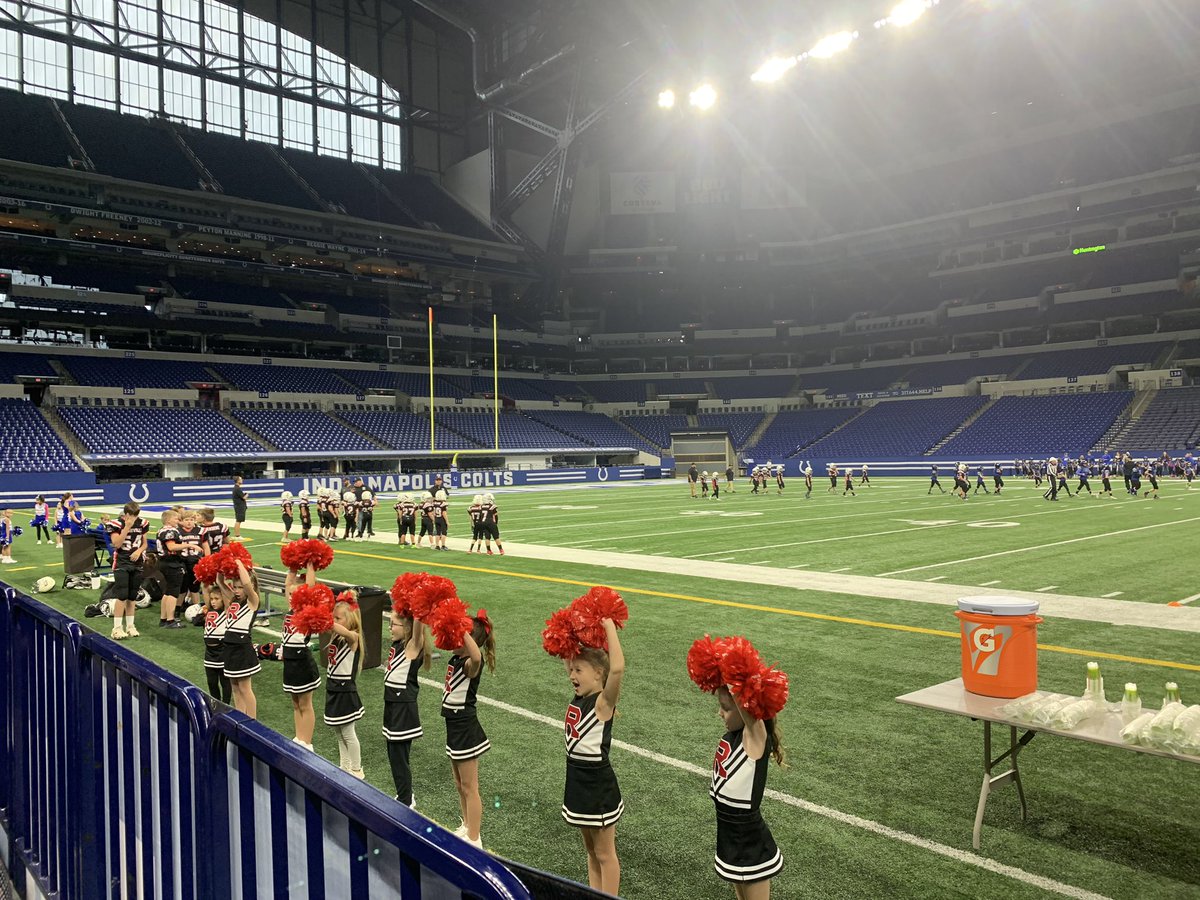 Rushville Little Cub Cheerleaders and Youth Football are at Lucas Oil this morning bright and early! GO LIONS! ❤️🦁🖤