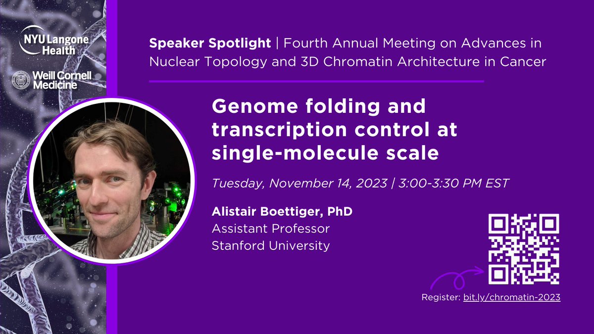 Another great speaker who will be presenting at our VIRTUAL symposium: The Fourth Annual Meeting on Advances in Nuclear Topology and 3D Chromatin Architecture in Cancer Tuesday, November 14, 2023 | 9:30 AM-4:00 PM EST . Registration is free. Register: bit.ly/chromatin-2023g