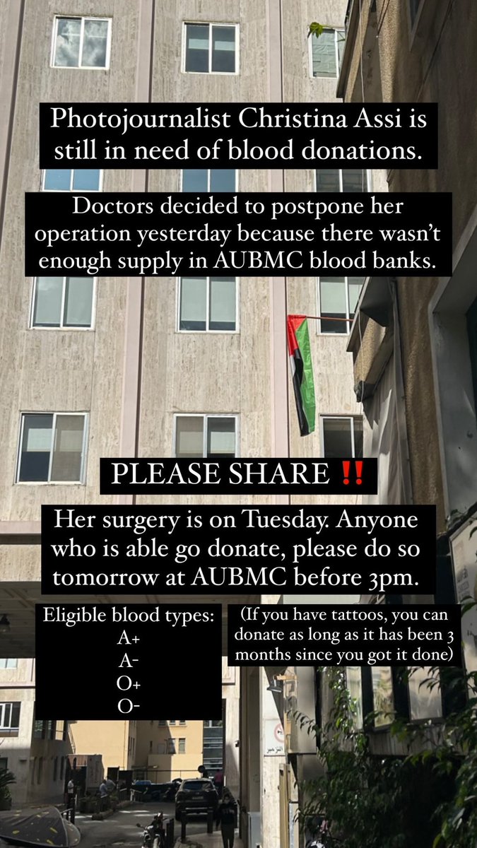 taleenelgh's tweet photo. PLEASE SHARE ⚠️⚠️⚠️

Photojournalist Christina Assi still needs blood donations. You can do so tomorrow before 3pm at AUBMC. Her operation is on Tuesday. https://t.co/vsLB5ygevU