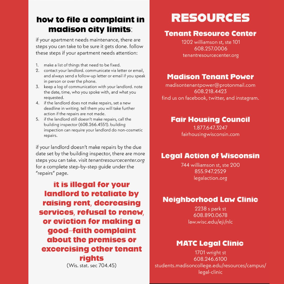 MadTenantPower's tweet image. We put together this pamphlet to make it easy for renters to assert their tenant rights. This quick guide includes an inspection checklist and a step-by-step guide for filing a building complaint in order to help you win repairs.