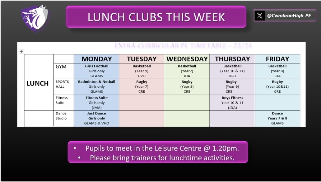 Lots going on this week during lunchtime & afterschool, come and get involved & maybe try something new! #NotInMissOut @CRedmanRugbyHub @CwmbranHighYr7 @CwmbranHead @CwmbranHigh @Sport_CHS