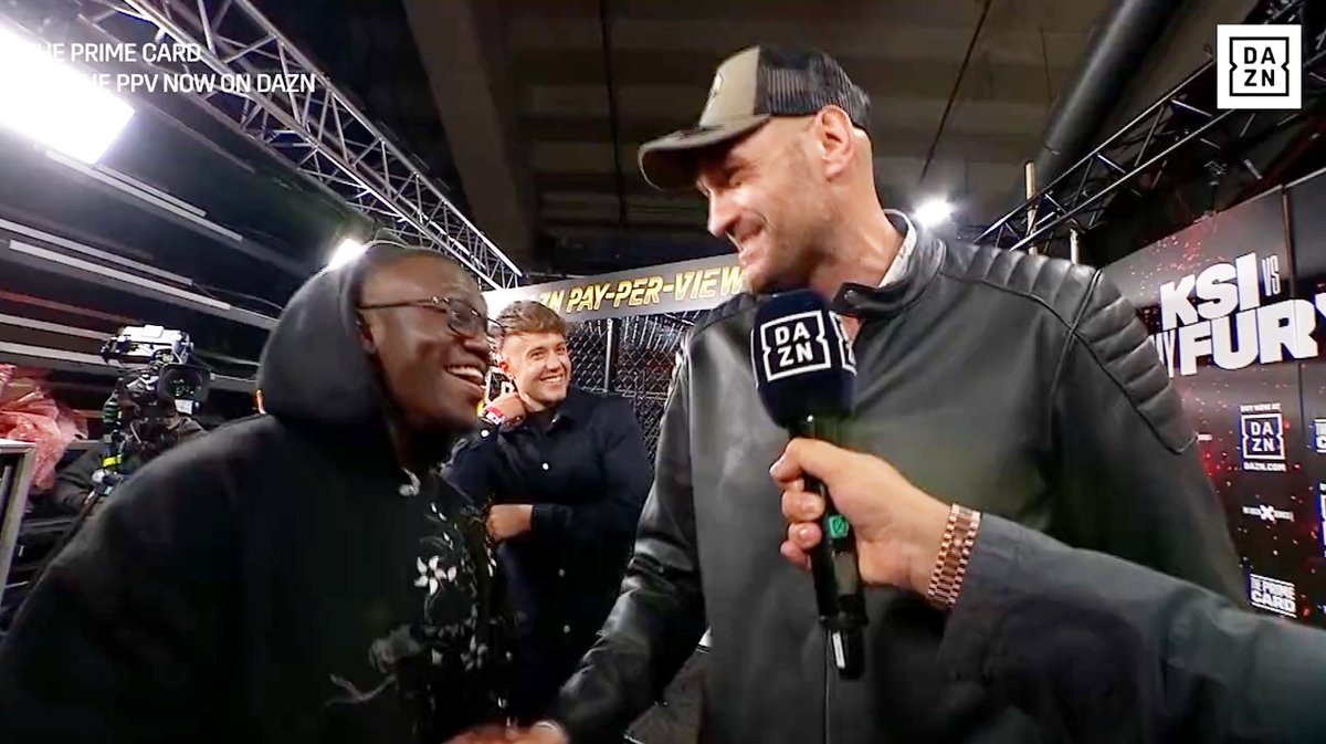 Tyson Fury meeting Deji backstage at KSI vs Tommy Fury:

Fury: "I've seen you fight, I was impressed. You fought Floyd Mayweather, I saw that. That was f***ing amazing. Congratulations brother."