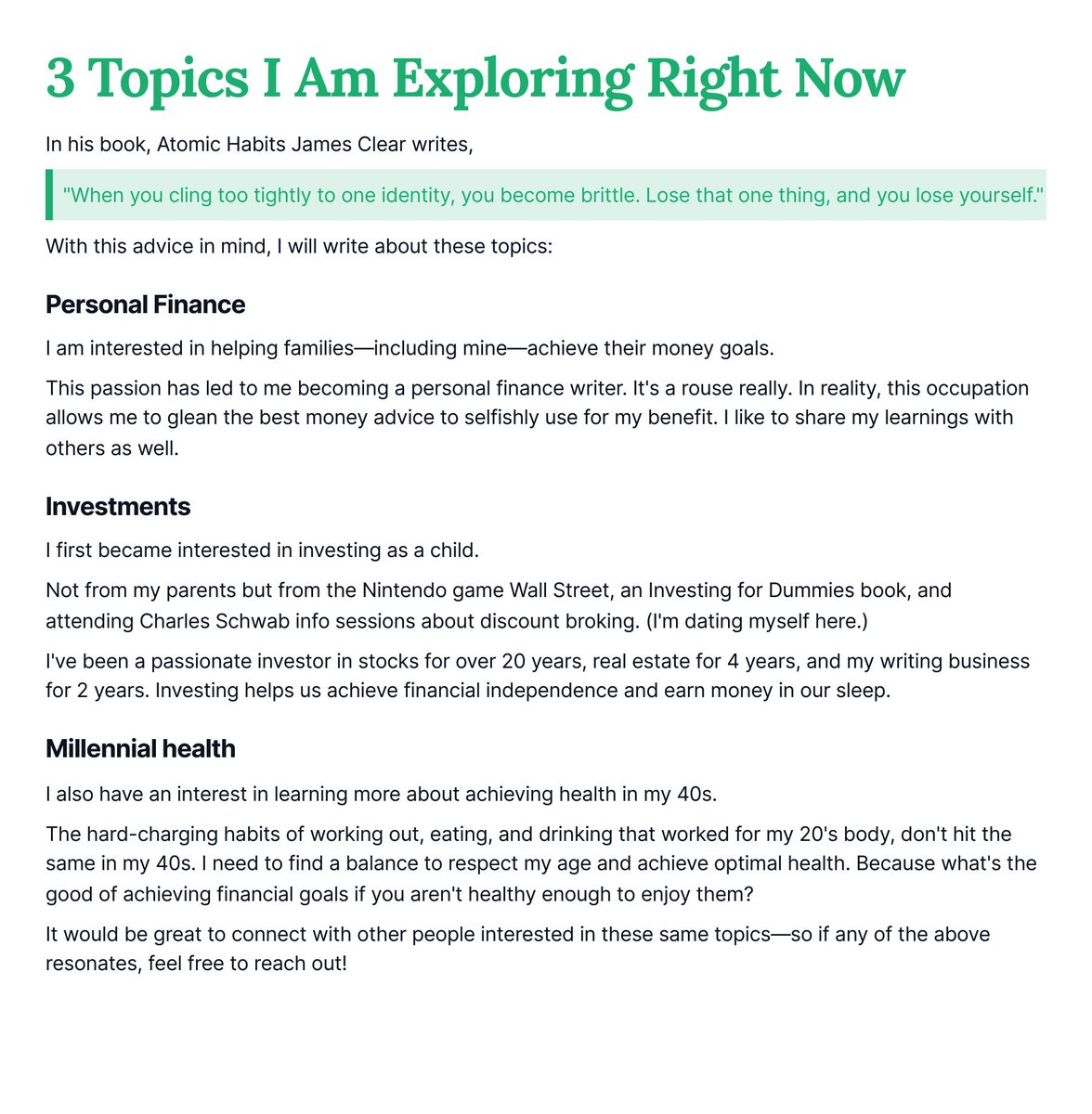 My exploration continues with personal finance, investments, and millennial health. #ship30for30

What are you exploring?