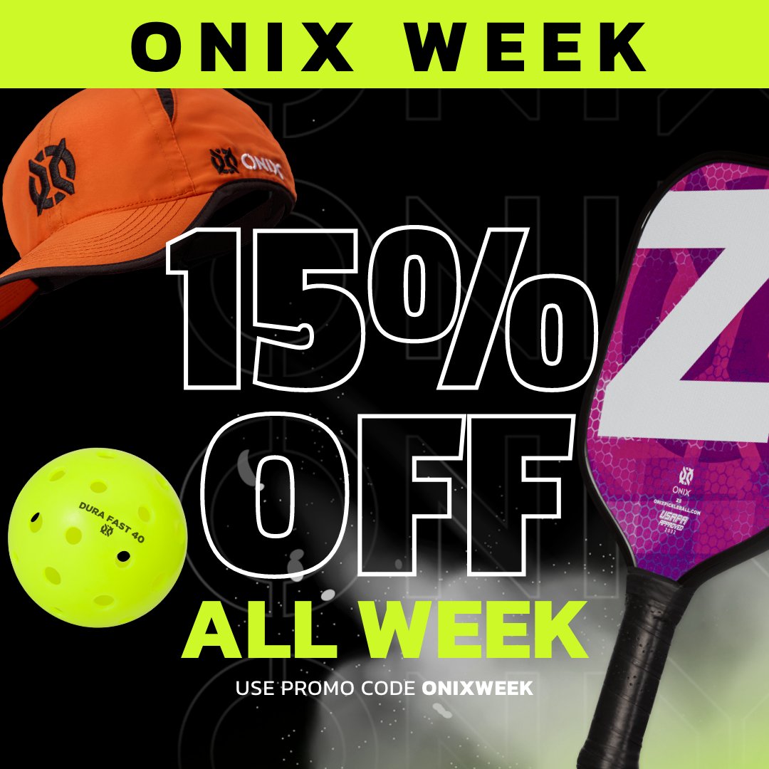 IT'S FINALLY ONIX WEEK 😎 

We're celebrating with 15% off. Use coupon code ONIXWEEK to start saving this week at onixpickleball.com. 

(Offer excludes Pro Net &amp; clearance items)

#ONIXWeek #ONIXPickleball #TeamONIX #Pickleball #PlayYourBest