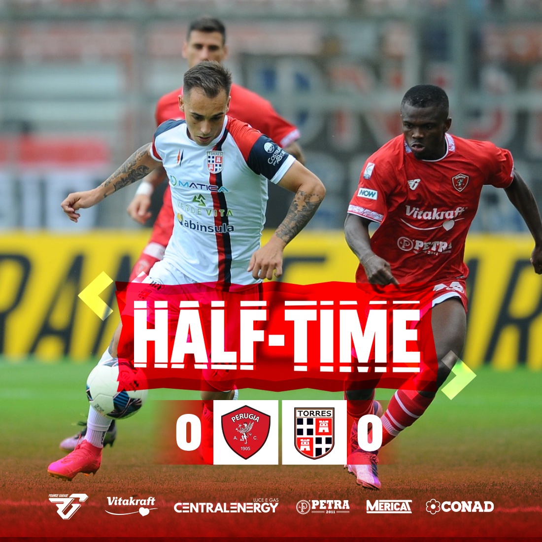 ACPerugiaCalcio's tweet photo. ⌛️ HALF TIME

Prima frazione a reti inviolate..ora ci aspettano altri 45' di ⚔️

FORZA RAGAZZI!

#forzagrifo @LegaProOfficial #PerugiaTorres #PERTOR https://t.co/sMw6zYEoME