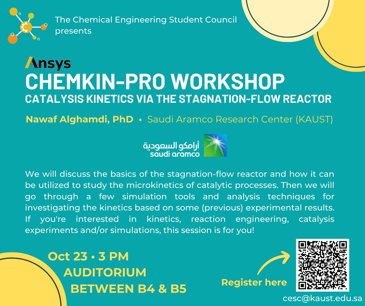sce_kaust's tweet photo. Come and join us at our first chemical engineering workshop at @KAUST_PSE !🧪 Dr. Nawaf Alghamdi from the Saudi Aramco Research Center at KAUST will give a tutorial on ANSYS Chemkin-Pro📊Register here: https://t.co/ovi9RX9qau https://t.co/KwPcz45Xa2