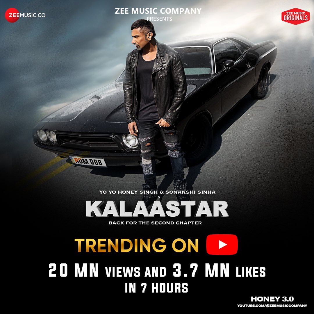 With a whopping 20 Million Views and 3.7 Million Likes in just 7 hours, #Kalaastar ft. #YoYoHoneySingh and #AsliSona from #Honey3.0 is trending at #1 on #YouTube🔥🎶 youtu.be/5oExKMYIE9U #ZeeMusicOriginals @asliyoyo @sonakshisinha @rdmmedia #GauravKumar #RonyAjnali