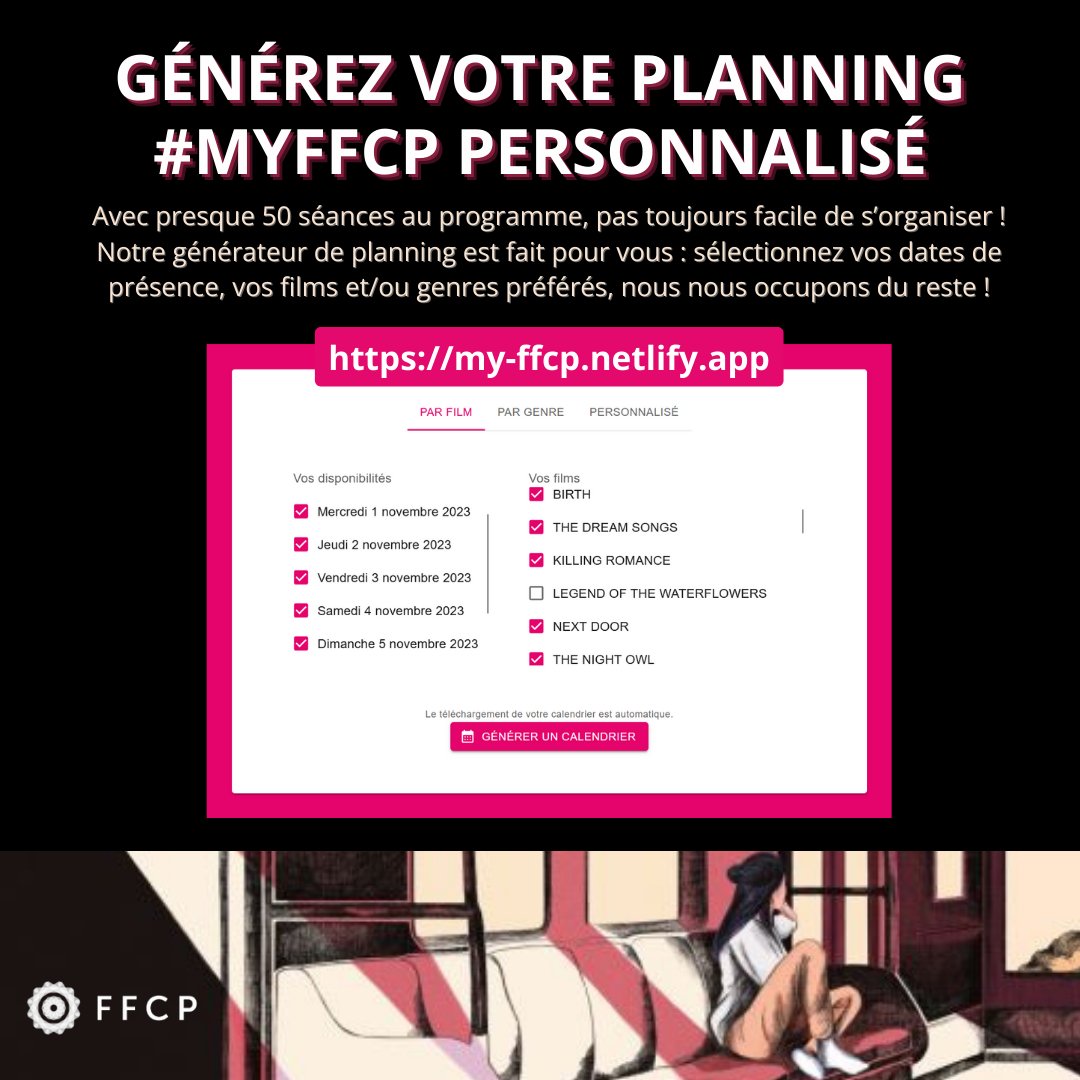 ffcp_cinema's tweet photo. Partagez votre planning personnalisé avec le hashtag #MyFFCP !

Avec près de 50 séances au programme, l'organisation peut être un défi. Notre générateur de planning vous simplifie la tâche : sélectionnez vos dates, vos films, et laissez le reste à nous !

https://t.co/Q0HZjIPTjy https://t.co/EFSolP92QS