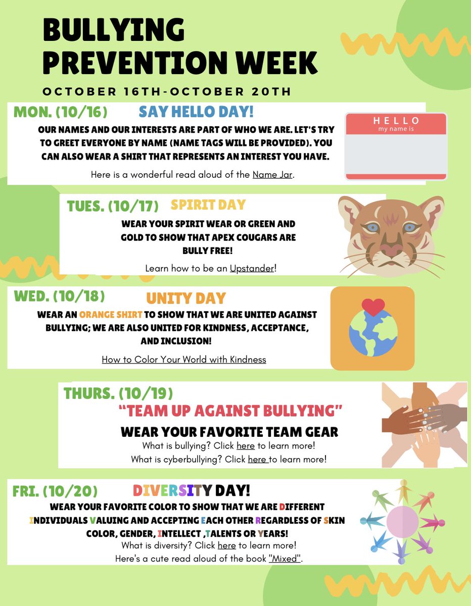 Tomorrow kicks off our bullying prevention spirit week! Wear a shirt that shows an interest you have and say hello to as many people as possible! 👋 <a href="/apexescougars/">Apex Elementary</a> <a href="/ApexESPTA/">Apex Elementary PTA</a>