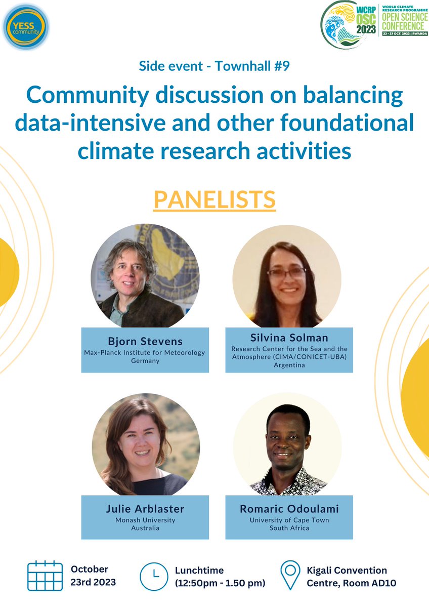 Shipra Jain (@climatejain) on Twitter photo Attending the <a href="/WCRP_climate/">World Climate Research Programme (WCRP)</a> Open Science Conference in Kigali? Join us on Monday, 23rd for an exciting discussion with Bjorn Stevens, Silvina Solman, Julie Arblaster and Romaric Odoulami. Register here: forms.gle/oaqFUre3abF2z1…
<a href="/YESSCommunity/">YESS Community</a> Attending the <a href="/WCRP_climate/">World Climate Research Programme (WCRP)</a> Open Science Conference in Kigali? Join us on Monday, 23rd for an exciting discussion with Bjorn Stevens, Silvina Solman, Julie Arblaster and Romaric Odoulami. Register here: forms.gle/oaqFUre3abF2z1…
<a href="/YESSCommunity/">YESS Community</a>