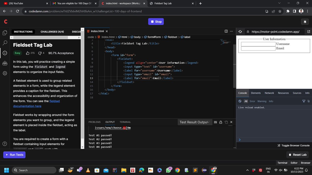 KhadseAtharv's tweet image. Day 5/100 , Today, I've created a 'Simple Form' using the fieldset and legend elements to organize the input fields #100daysoffrontend on @codedamncom
#html #codedamn #FrontEndDeveloper #fieldset #tags