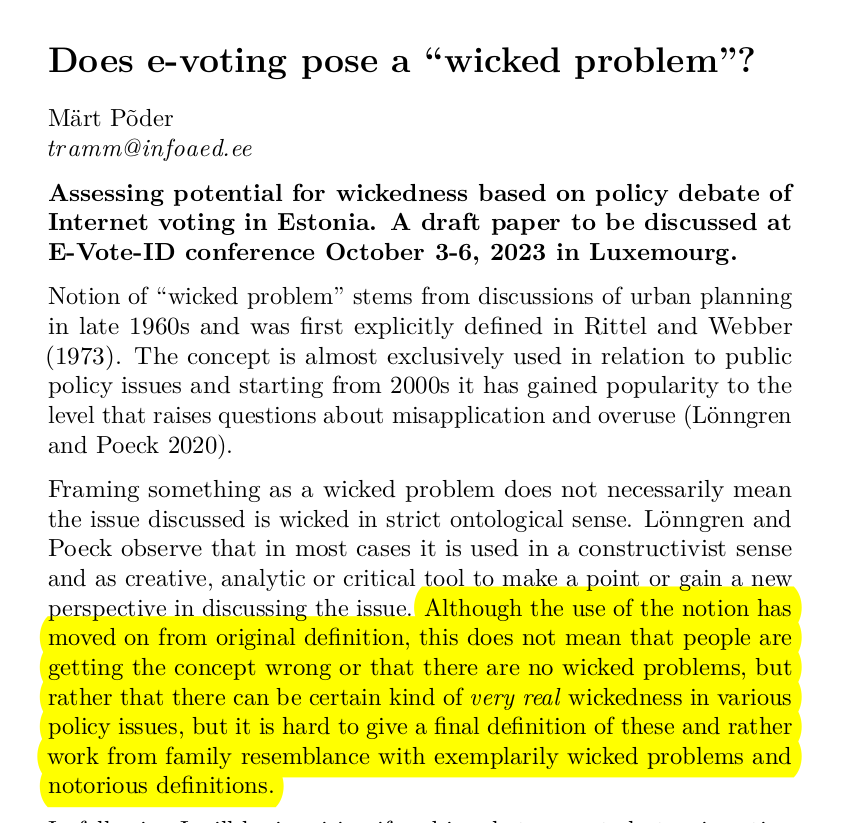 trtram's tweet image. There are so many horror stories floating around e-voting that I probably have to return to this #wickedproblem question later, but here you can find slides for my presentation at infoaed.ee/wicked2023 and draft paper for the conference at p6drad-teel.net/~p6der/wicked-…. #evoteid2023