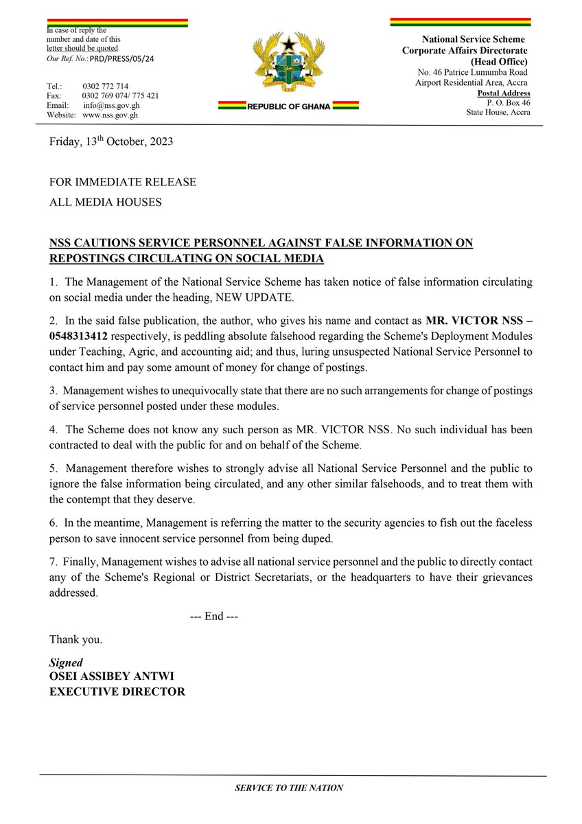 _nsagh's tweet photo. Press Release:
NSS CAUTIONS SERVICE PERSONNEL AGAINST FALSE INFORMATION ON REPOSTINGS CIRCULATING ON SOCIAL MEDIA.
#NSS
#deploymentforemployment https://t.co/lNwqa5R778