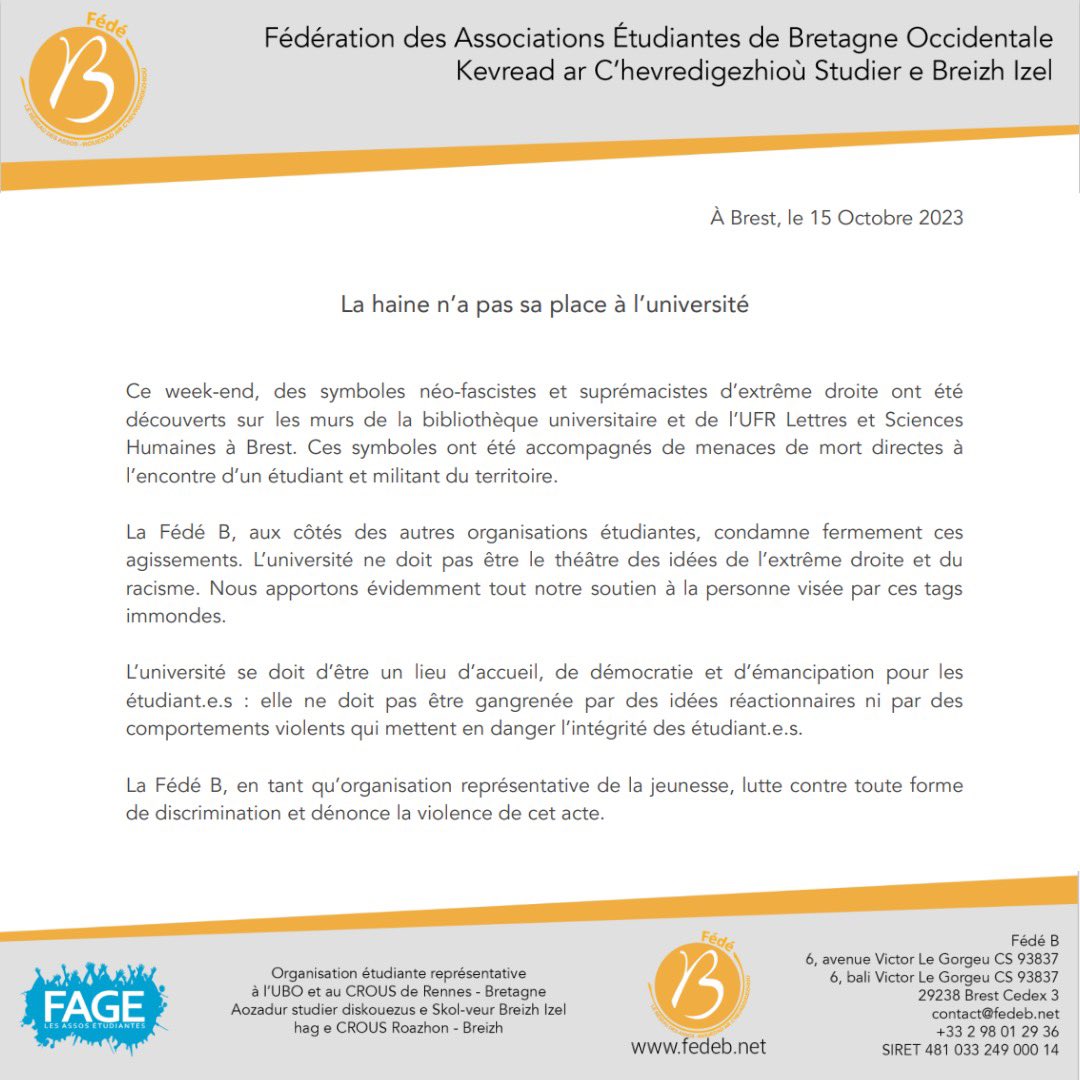 ❗️Symboles et menaces néo-fascistes sur les murs de la faculté de Lettres et Sciences Humaines : la Fédé B dénonce ces agissements et les condamne fermement. La haine n’a pas sa place à l’université, lieu d’émancipation et de liberté.