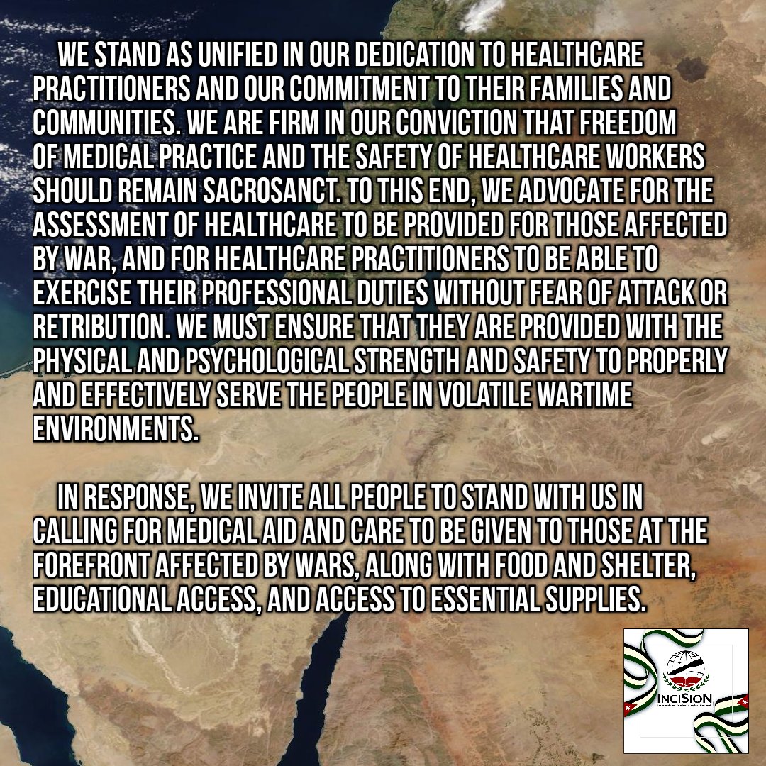 InciSioNJordan's tweet photo. Our statement on the current crisis unfolding in the region.
"Stand with us in calling for medical aid &amp; care to be given to those at the forefront affected by wars, along with food &amp; shelter, access to education &amp; essential supplies."
#NotATarget
#AccessToHealthcare
#SafeSurgery https://t.co/cg2LvwgYXm