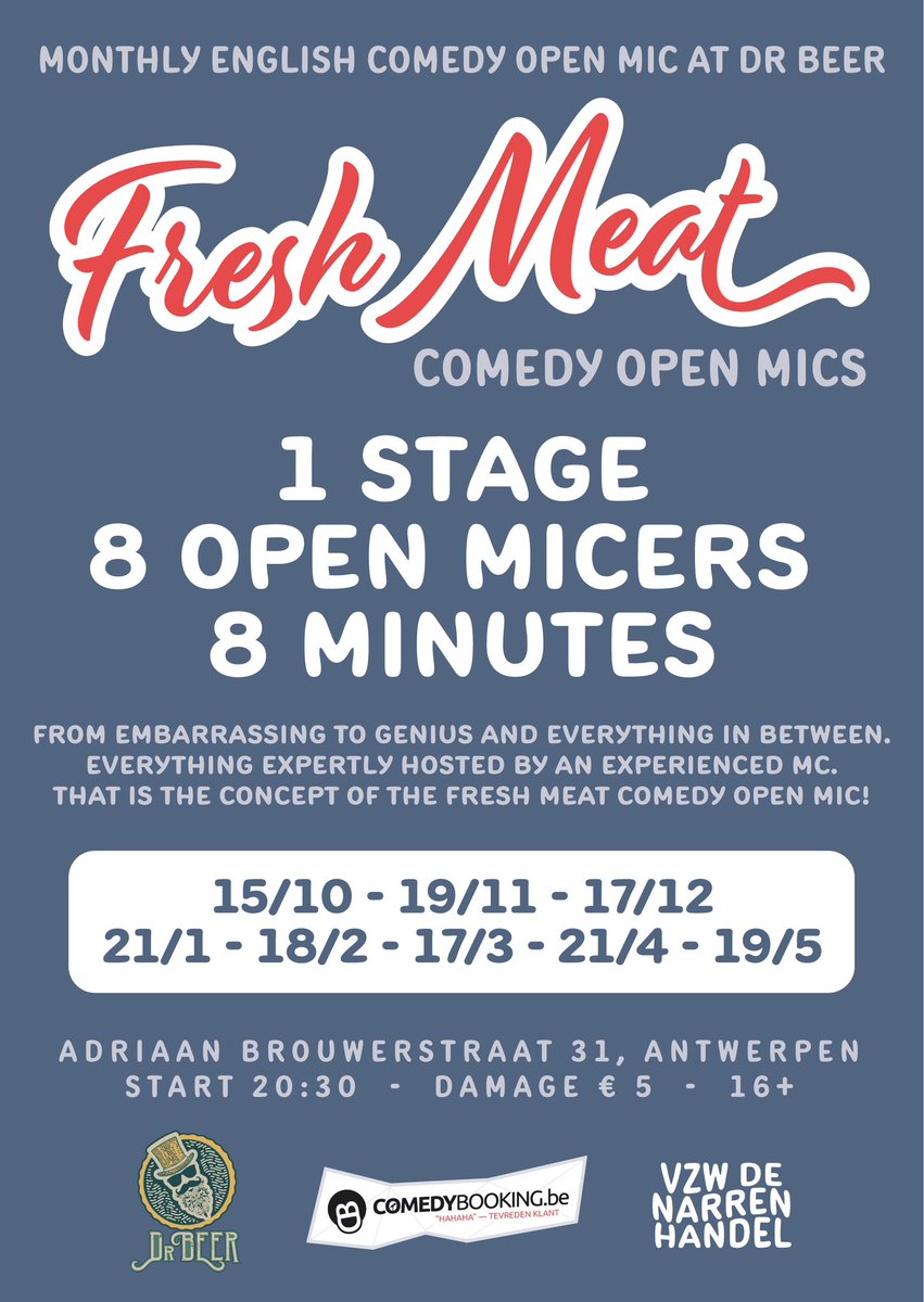 Antwerp! Tonight we’re at Dr Beer with our English spoken Fresh Meat Comedy Open Mic with MC Austin Shale 🇺🇸

See you there there! ✨