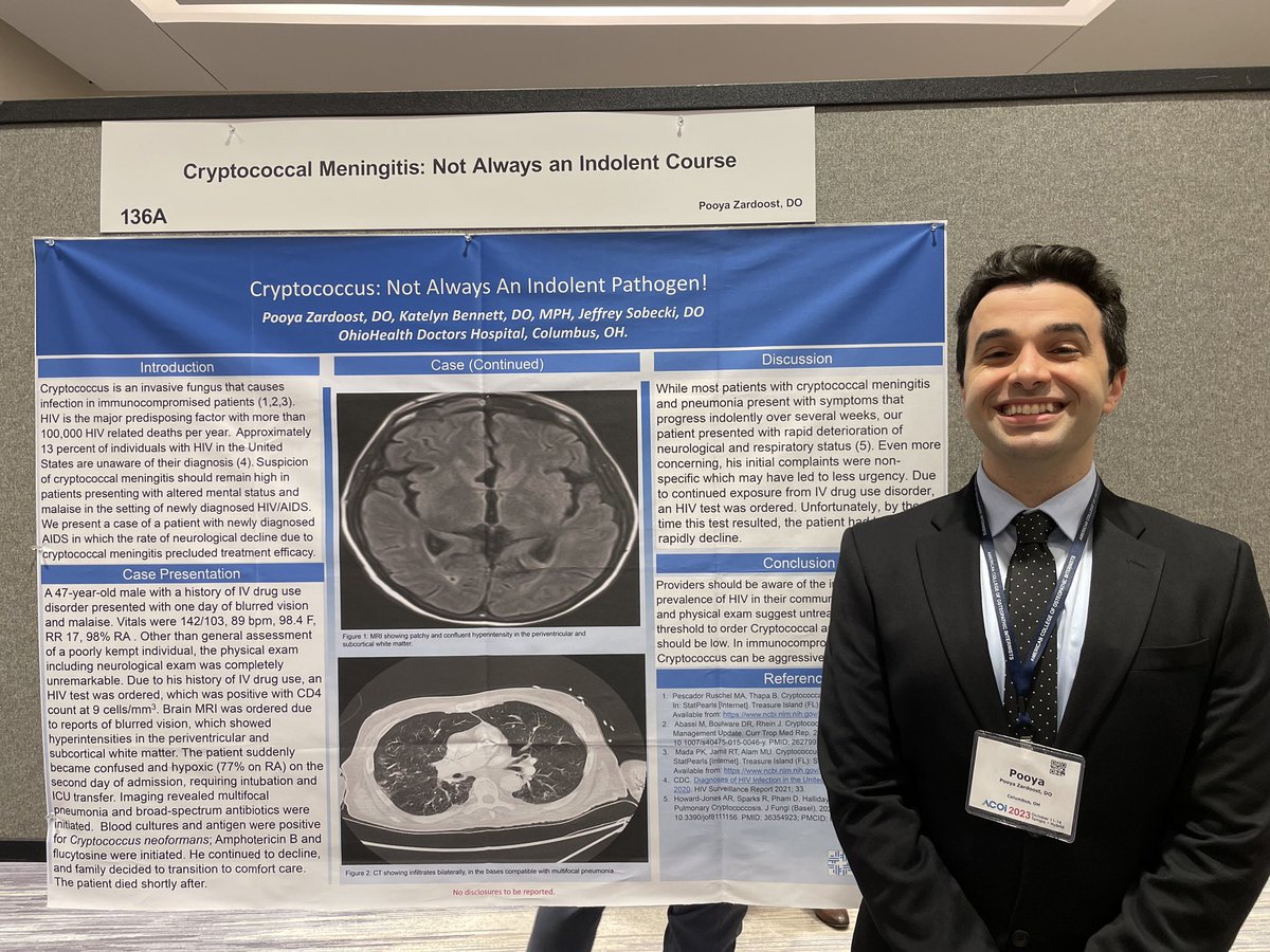 PZardoost1's tweet image. It was an honor to present this case at the 2023 American College Of Osteopathic Internists Conference! Thank you to my program for supporting me and my colleagues for an amazing experience! #acoi #DO #cryptococcus #ohiohealth #osteopath #internalmedicine