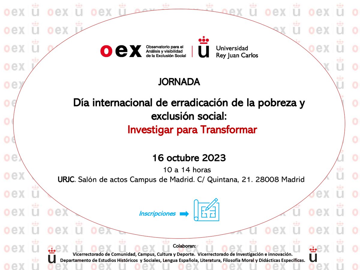 OEX_URJC's tweet photo. ⏰Mañana 16 de octubre tendrá lugar la jornada que ha organizado @OEX_URJC de la @urjc. Donde además de poder asistir a la presentación de las últimas investigaciones en relación a las personas en situación de sin hogar, se entregarán los reconocimientos de responsabilidad social https://t.co/7ESir505Z6
