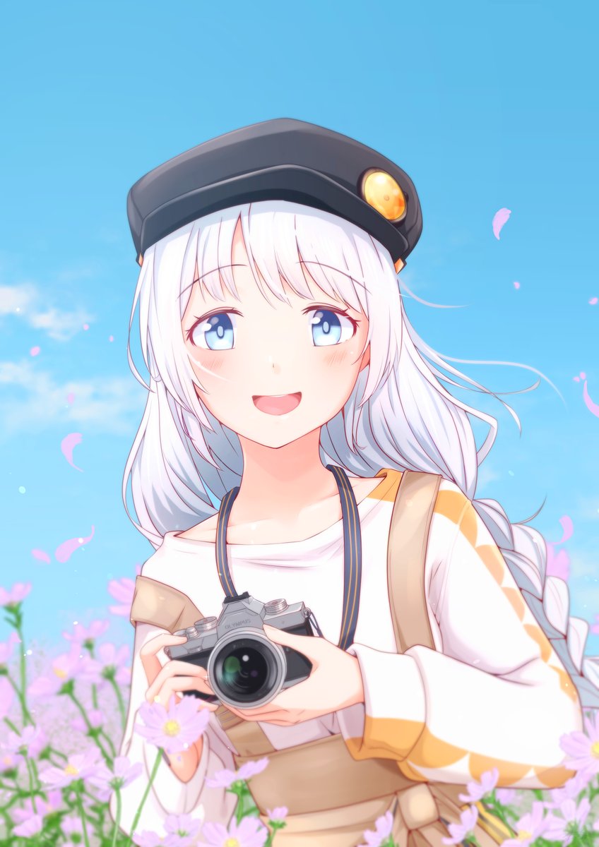 kizuna akari 1girl camera holding camera solo blue eyes holding long hair  illustration images