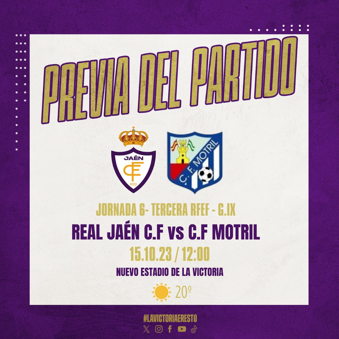 Real Jaén C.F 🆚 C.F Motril

⏰ 12:00 | ☀️ | 20º
🏟️ Nuevo Estadio de La Victoria
🏆 Jornada 6 de Liga
📺 TDT 7 TV Jaén
📺 realjaen.webdirecto.com
📻 Radio Y Punto Jaén
📻 Canal Lagarto
📻 Radio Guadalquivir

#RealJaenMotril | #J6tercera | #Directo
