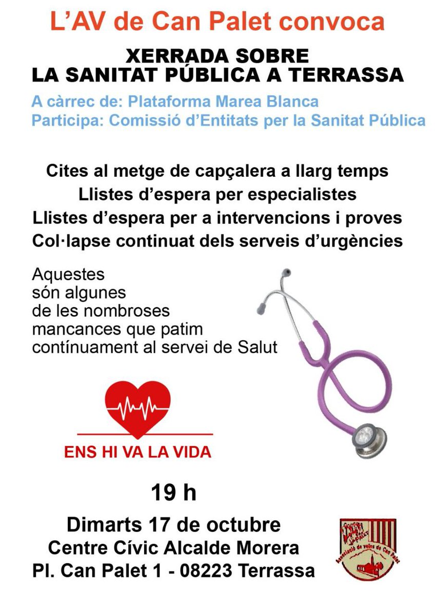 defensasanitat's tweet photo. Orgull i satisfacció i tot un plaer per #PDSPT poder compartir la propera setmana.
Que>>Xerrada
On>>A.V Can Palet #Terrassa
Quan>>17/10/2023 19.00h. https://t.co/y2b4zPwpaN