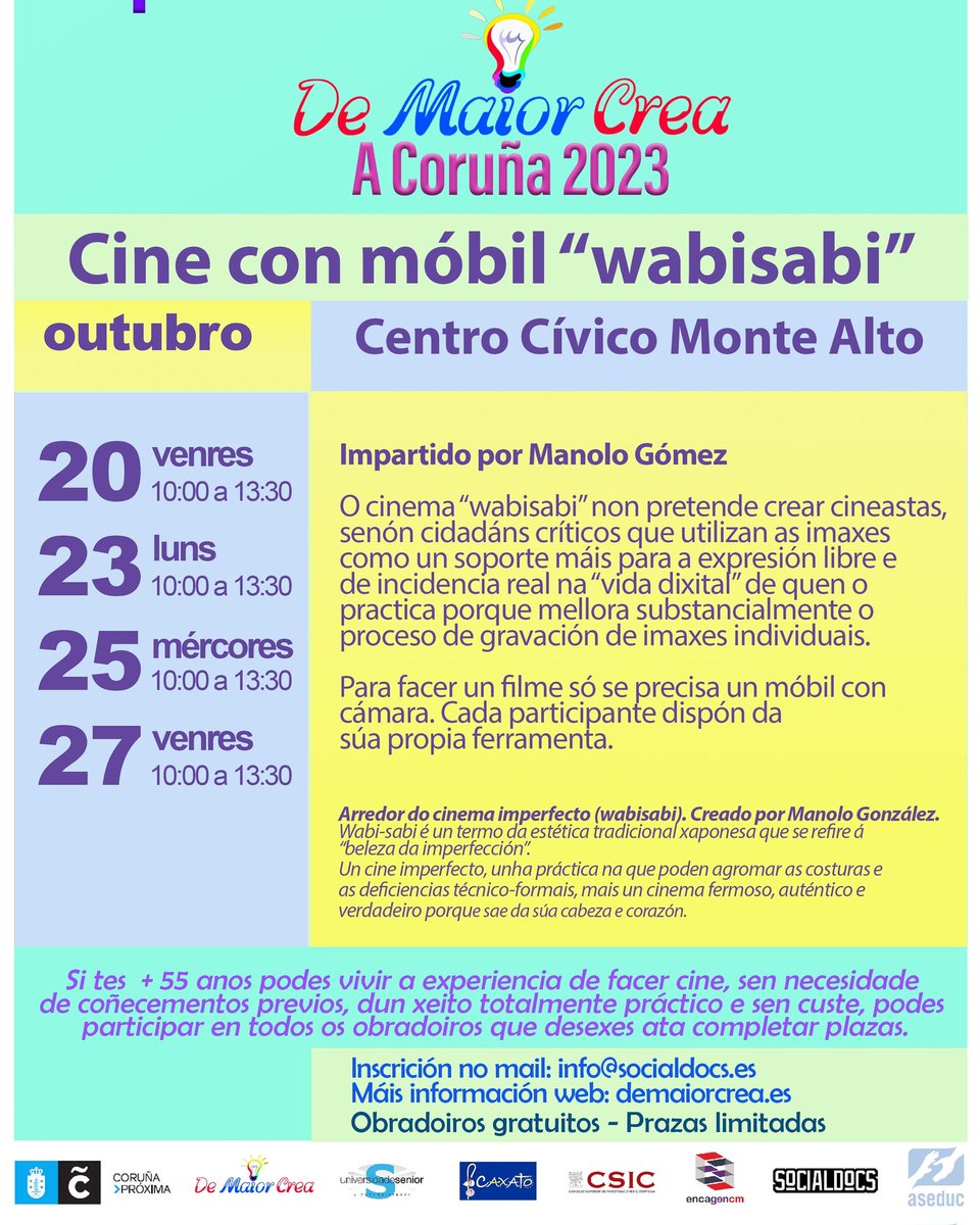socialDocs's tweet photo. Taller gratuito para maiores de 55 anos. #cine #ACoruña  @coruna_social https://t.co/ka3kcKBToF