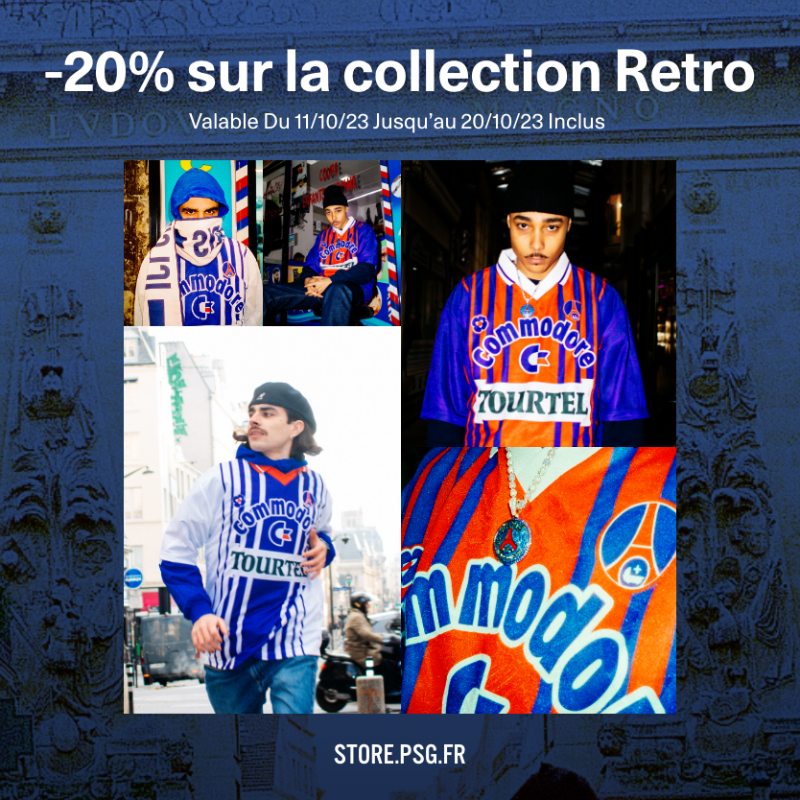 PSG_inside's tweet photo. Profitez de -20% sur la collection Retro en utilisant le code 𝐑𝐄𝐓𝐑𝐎𝟐𝟎 ! ⤵️