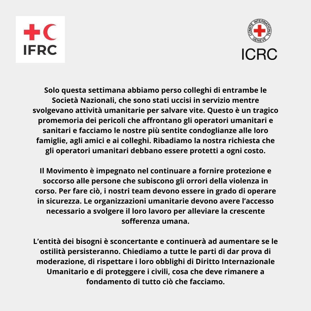 🔴 Dichiarazione congiunta <a href="/ifrc/">IFRC</a> e <a href="/ICRC/">ICRC</a> sull'escalation delle ostilità in #Israele e #Gaza.
➡️bit.ly/3RWtnEX