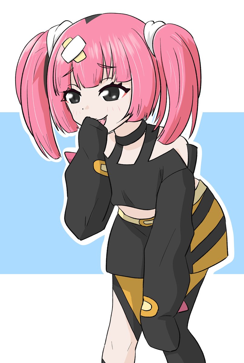 1girl solo black eyes pink hair twintails sleeves past fingers tongue  illustration images