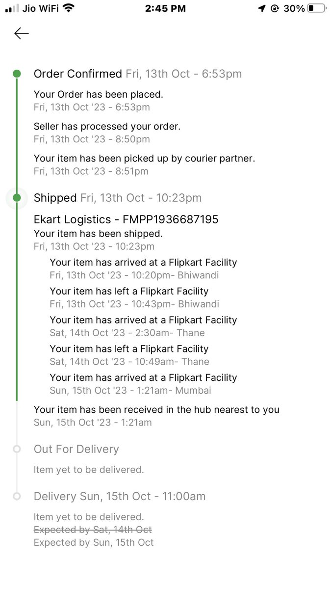 akshaywagh01's tweet photo. @flipkartsupport 
I’ve ordered Iphone 14Plus On 13th Oct. It supposed to be delivered yester on 14th Oct. 
Today it’s 15th Oct and I haven’t received any update regarding my order yet, it keeps showing that my order is in nearest hub. https://t.co/LiKuFKCFdK