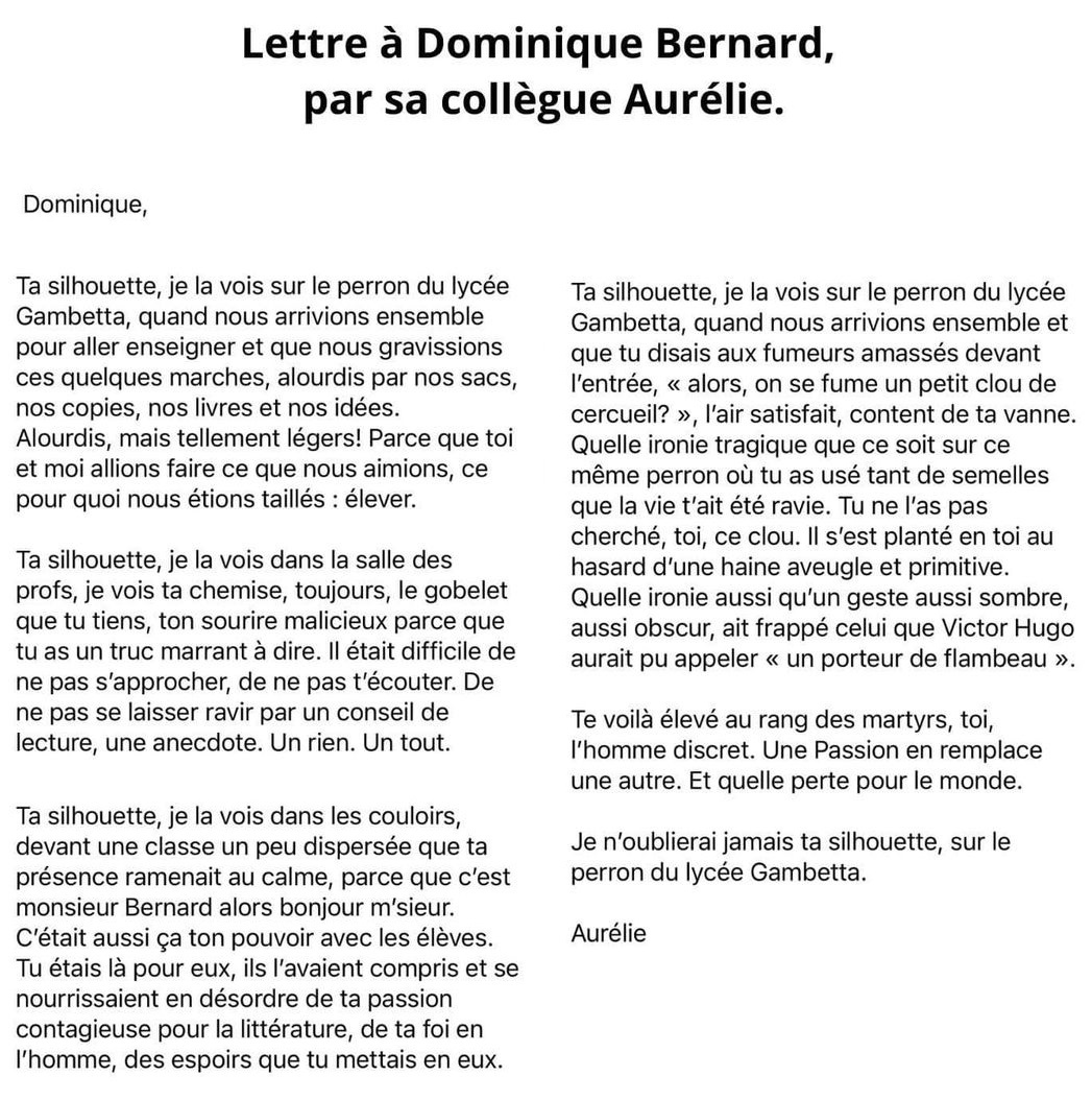 Lettre à Dominique Bernard par une de ses collègues