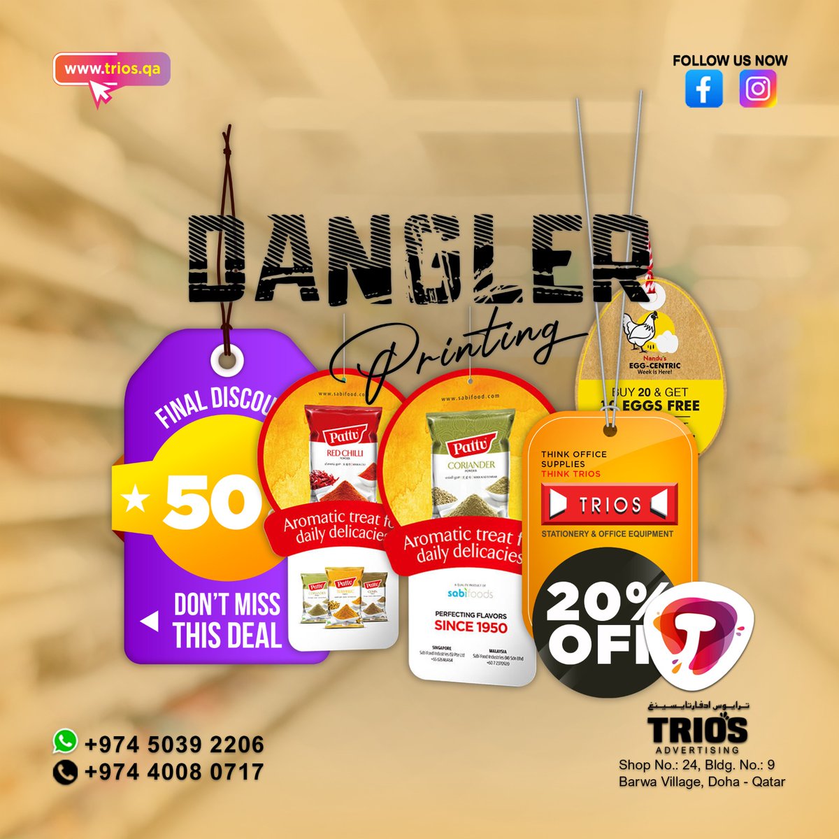 TriosAdver83576's tweet photo. Trios Advertising is your go-to for premium dangler printing in Qatar. 📷📷 #TriosPrints #qatarads
Call Us : 50392206
#danglers #marketingtips #promotiontips #2023promotionsfully #alwakrahsouq #alraayan #dohaupdates #QatarUpdates #qatar #طباعة #dohacity #triosadvertising https://t.co/aVZNDeNxEK