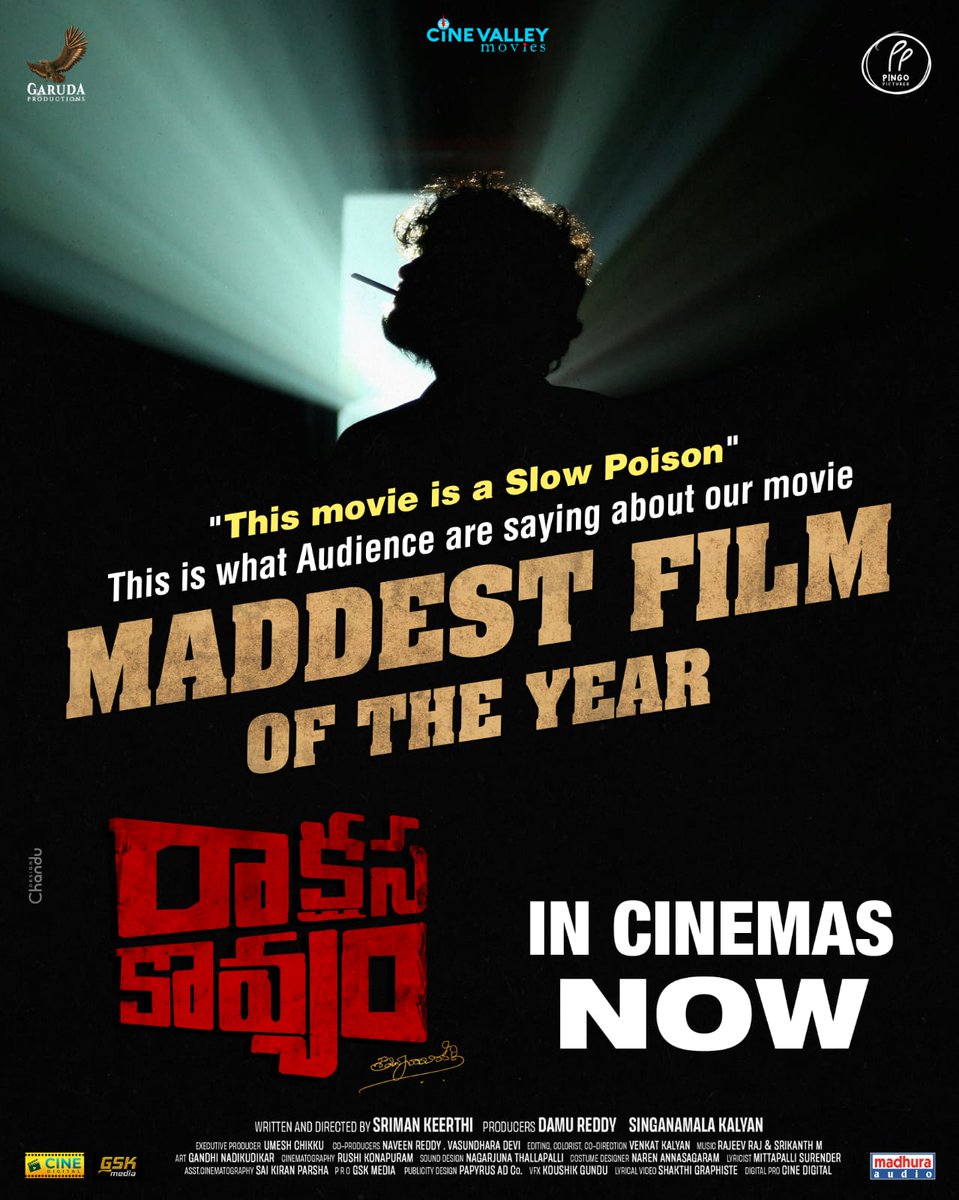 SureshPRO_'s tweet photo. MADDEST FILM OF THE YEAR #RaakshasaKaavyam in Cinemas Now 🎬

Go grab your tickets now 🎟 - https://t.co/6Yqd9X8gke

 #GarudaProductions
 #PingoPictures 
#CinevalleyMovies

@abhainaveen @daya4feb @SrimanKeerthi @damukosnam @AnveshMichael https://t.co/IZ45bLUCZ3