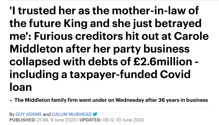 nomoremonarchs's tweet photo. Karma?
Kate Windsor's mother broke her promises. She pretended her business was doing well & told creditors she would "personally" see they were paid. Instead, she left them unpaid, whilst keeping her mansion & luxury lifestyle.
#RoyalFrauds #FakeKate #Fiddletons #Middletons https://t.co/WhOcd55z7c