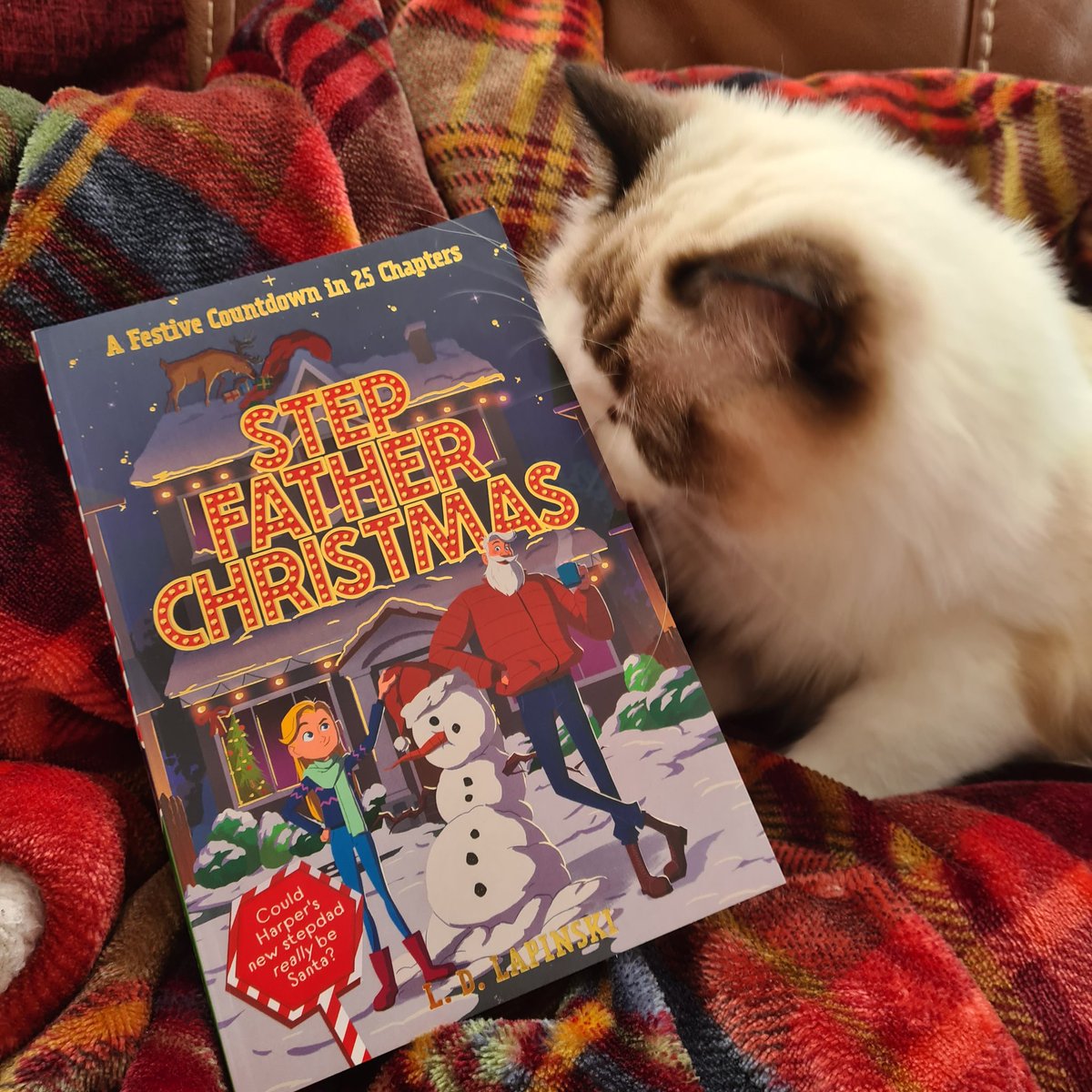 Sana_Lewis's tweet photo. Cuddled up in blankets reading @ldlapinski 's #StepfatherChristmas with the cat was the cosiest heart-melting start to the day. Made me feel like it's Christmas already! I love how it's both whimsical and so human at the same time. Best early festive treat. ❄️❤️📚 https://t.co/yCya6JWWPP