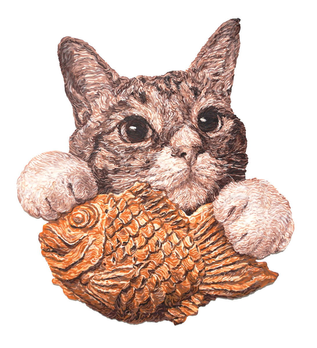 「粘土でつくった たい焼きと猫さん 完成しました!! タイトルは「これくださ〜い!」|西浦 康太のイラスト