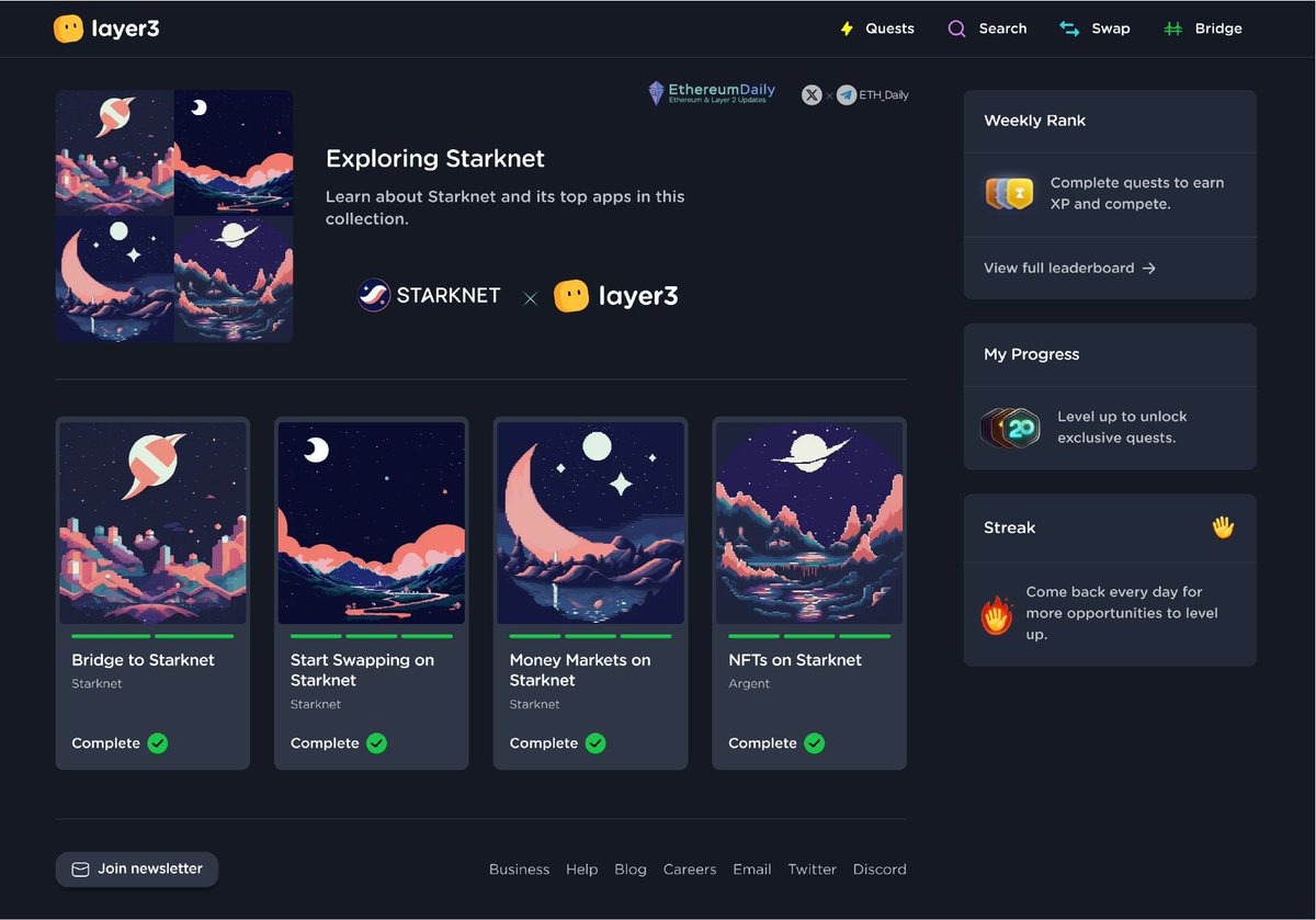ETH_Daily's tweet photo. [Starknet x Layer3] Exploring Starknet 🪂

1. Bridge to @Starknet
2. Swapping tokens with @JediSwap
3. Lending &amp; borrowing on @zkLend
4. Buying NFTs via @UnframedCo

🔗https://t.co/CMxVRqypuN https://t.co/xk6yA4BamP