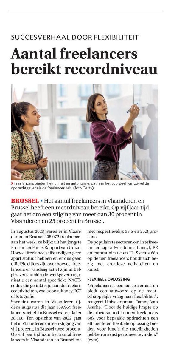 Het aantal freelancers bereikt een recordniveau. “Freelance is een succesverhaal en dat verrast niet. Het is een antwoord op de maatschappelijke vraag naar flexibiliteit, zowel van de opdrachtgever als de freelancer zelf", zegt <a href="/DannyVanAssche/">Danny Van Assche</a> <a href="/DeZondag/">De Zondag</a> 
unizo.be/berichten/pers…