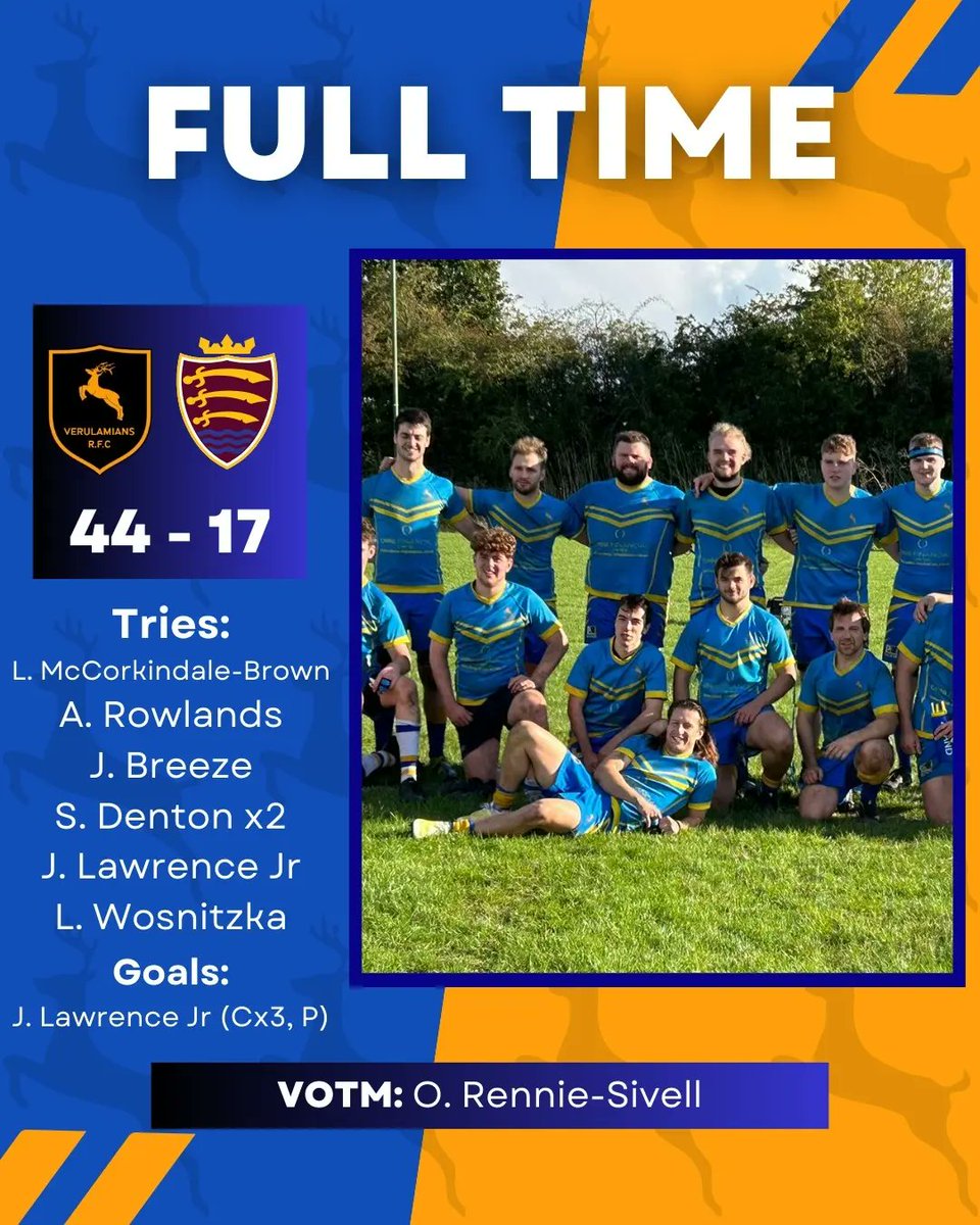 verulamiansrfc's tweet photo. 🚨𝐅𝐔𝐋𝐋 𝐓𝐈𝐌𝐄 𝐑𝐄𝐒𝐔𝐋𝐓🚨

It's a winning weekend for both the 1️⃣st &amp; 2️⃣nd XV's who overcame Thamesians &amp; Chess Valley respectively. A try feast for the backs in both games securing BP W's 🔥🏃. 

#OneClub 
#RugbyUnion 
#UpTheVees🔵🟡 https://t.co/BRUPCeUsDM