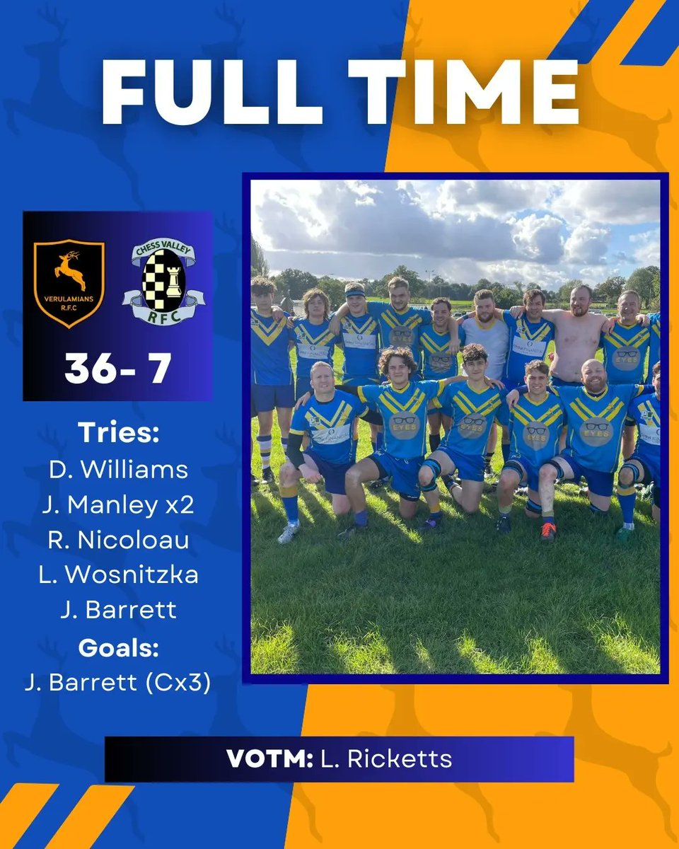 verulamiansrfc's tweet photo. 🚨𝐅𝐔𝐋𝐋 𝐓𝐈𝐌𝐄 𝐑𝐄𝐒𝐔𝐋𝐓🚨

It's a winning weekend for both the 1️⃣st &amp; 2️⃣nd XV's who overcame Thamesians &amp; Chess Valley respectively. A try feast for the backs in both games securing BP W's 🔥🏃. 

#OneClub 
#RugbyUnion 
#UpTheVees🔵🟡 https://t.co/BRUPCeUsDM