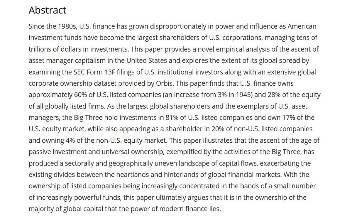 fichtner_jan's tweet photo. 📢 Great new paper by Albina Gibadullina "Who owns and controls global capital? Uneven geographies of asset manager capitalism"

❗️ A wealth of data and 14 (!) figures on the Big Three and asset manager capitalism. I'll post a few key figures...🧵(1/6)

https://t.co/fykZ57jx4e https://t.co/XIuorxGVxN
