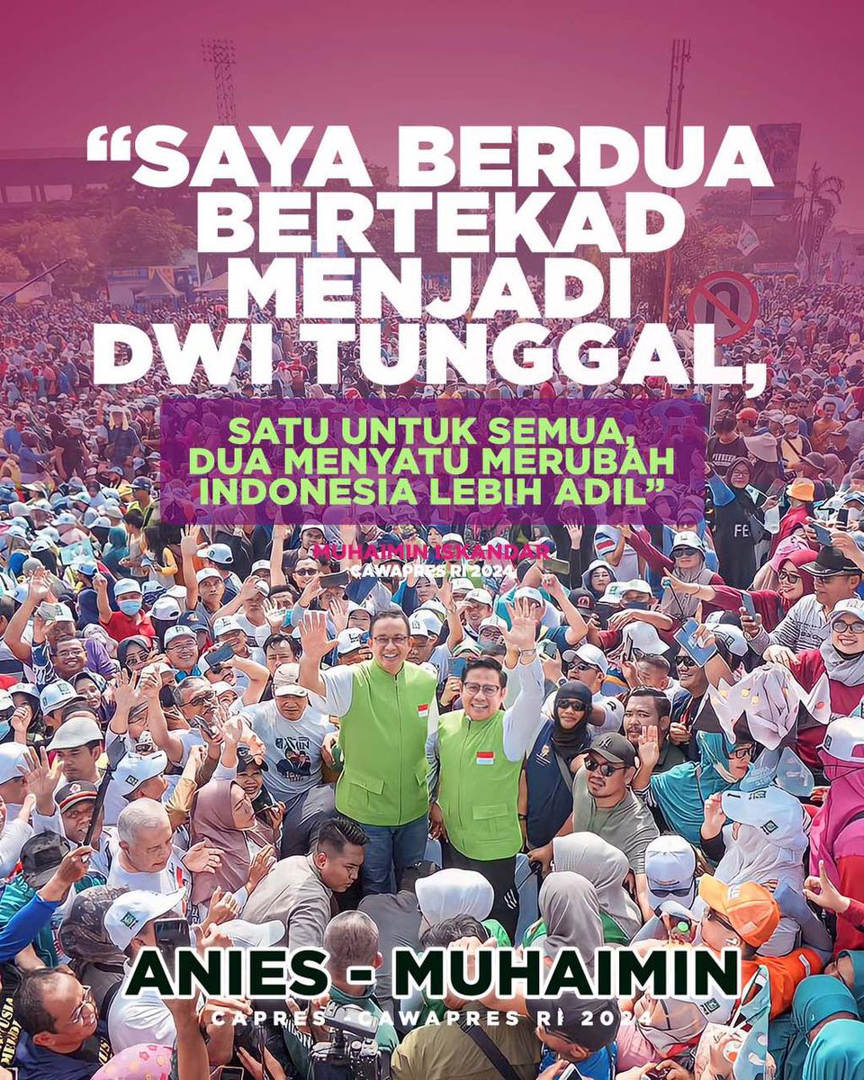 Di Depan Jutaan Masyarakat dalam acara mlaku bareng AMIN, Mas <a href="/aniesbaswedan/">Anies Rasyid Baswedan</a> bertekad menjadi Dwi Tunggal bersama Gus <a href="/cakimiNOW/">A Muhaimin Iskandar</a>, Dia menyatu merubah Indonesia lebih adil🇮🇩💚

#ArusPerubahanAMIN
#AniesMuhaimin2024
