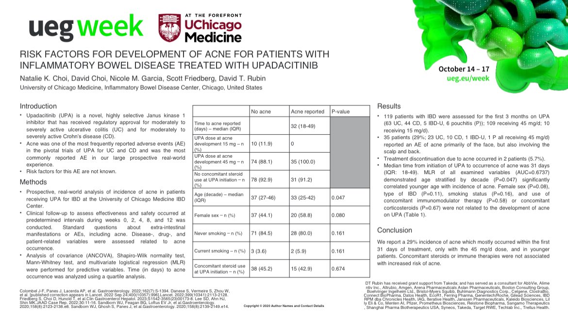 Honored to present on behalf of incredible colleagues in #RubinLab @UChicagoIBD under mentorship of @IBDMD at #UEGWeek on risk factors for acne on upadacitinib. Grateful for the wonderful moderators @MatthieuAllez @mat_uzz in the first moderated poster session of #UEGW2023.