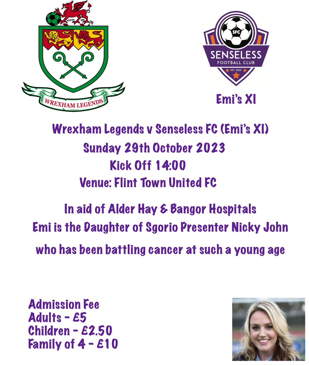 Time for us to announce our next game. Against Emi’s XI. Emi is the daughter of @S4C @sgorio presenter @NickyZJohn on Sunday 29th October in aid of @AlderHey & Bangor Hospital who have helped Emi @DylanEbz @leaderlive @northwaleslive @NWSportDave @CymruLeagues