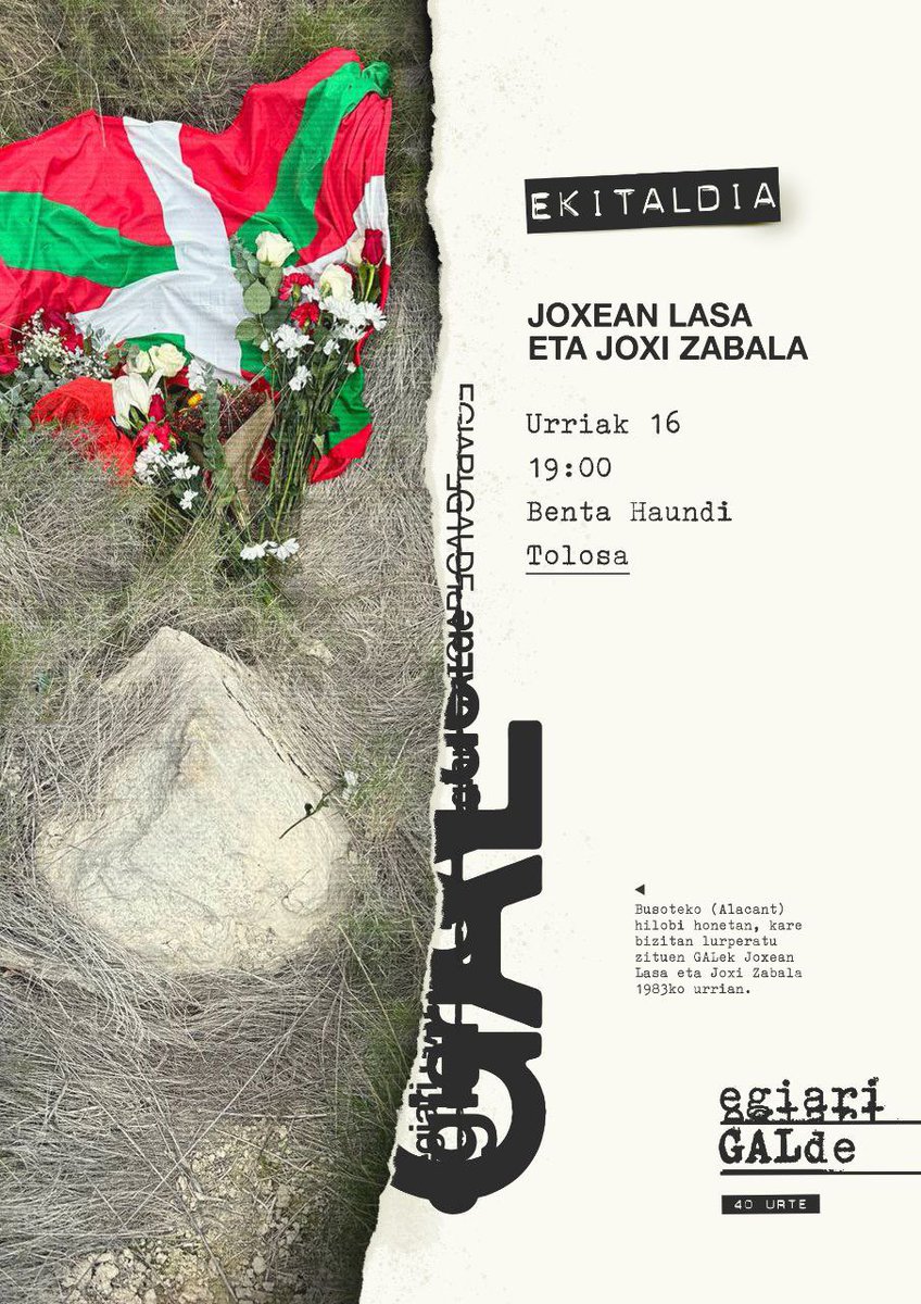 SortuTolosa's tweet photo. 🌹Joxi Zabala eta Joxean Lasa🌹

Estatu espainiarraren hatzaparrek bahitu,basatiki torturatu, erail eta desagertarazi zituztela 40. urteurtenean...

#EgiariGALde: Astelehena 16, 19:00etan Benta Haundin. 

Aitortza, erreparazioa eta berriz ere ez gertatzeko bermea. https://t.co/3bF9Kjlr9P