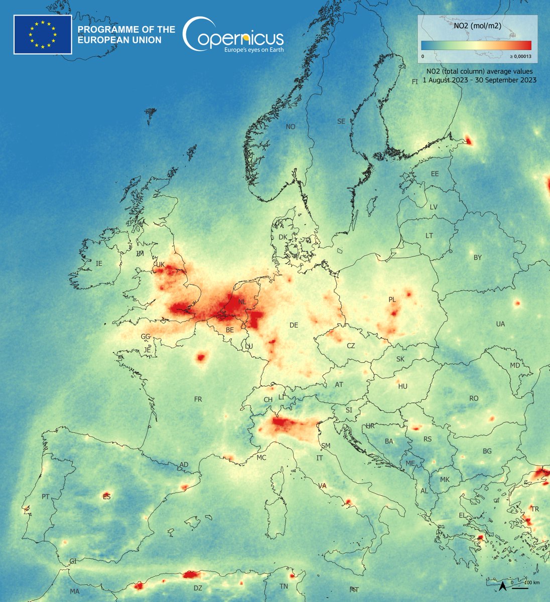 CopernicusEU's tweet image. On a daily basis, our #Copernicus Sentinel5-P monitors a wide range of atmospheric gases, such as Nitrogen Dioxide #NO2, Sulphur Dioxide #SO2 or Methane #CH4
More at sentinels.copernicus.eu/web/sentinel/m…

#Sentinel5P average values for the tropospheric concentration of NO₂ for Aug.-Sept. 2023