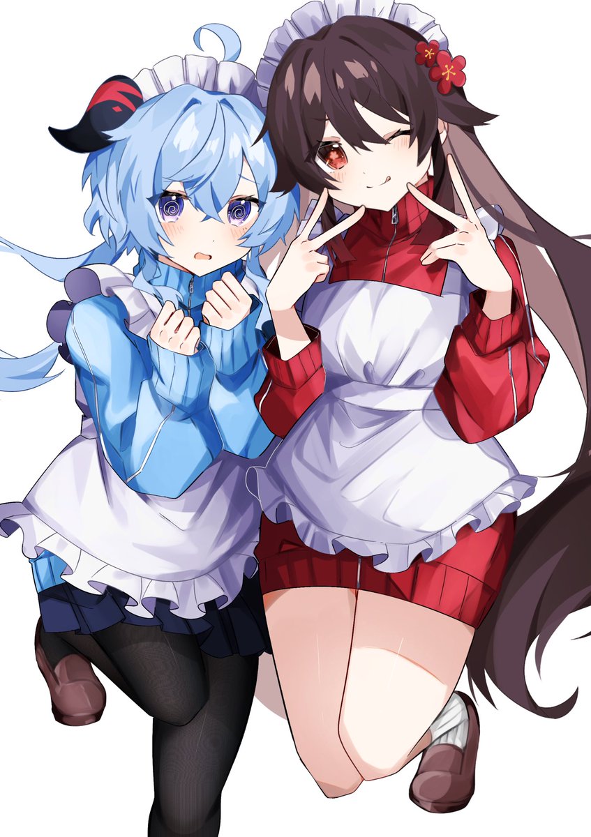 ganyu (genshin impact) ,hu tao (genshin impact) multiple girls 2girls blue hair horns one eye closed apron pantyhose  illustration images